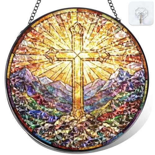 Christian Cross Stained Glass Window Hanging - Mountain Landscape Religious Sun Catcher with Chain, Round Glass Ornament for Home Garden Window Decor Gift, 8 Inch Mountain Landscape Cross