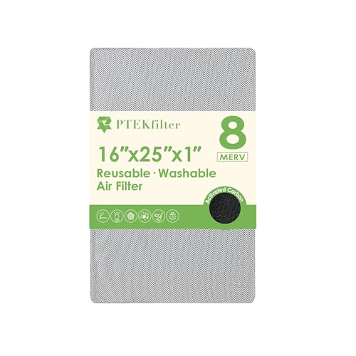 16x25x1 Washable & Reusable Air Filter with Activated Carbon Layer, MERV 8 Air Filters for AC HVAC Furnace, Machine Washable & Dryer Friendly 16" x 25" x 1"