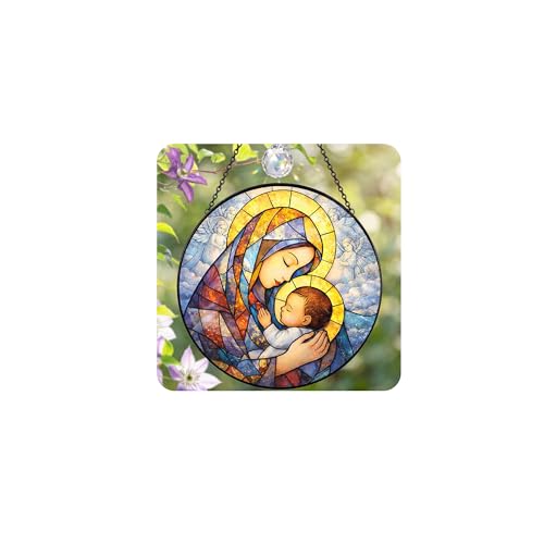 7.8" Stained Glass Window Hanging, Virgin Mary and Baby Jesus Suncatcher Jesus and Mary