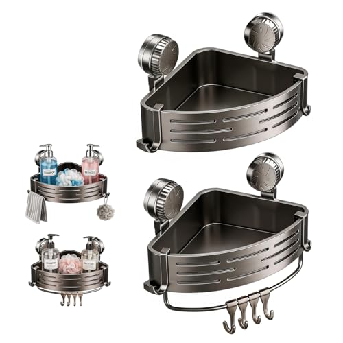 Suction Cup Shower Shelf 2 Pack, Waterproof Shower Caddy with 8 Hooks & Towel Bar, No Drill Bathroom Suction Organizer for Shampoo Soap Razor, Gray