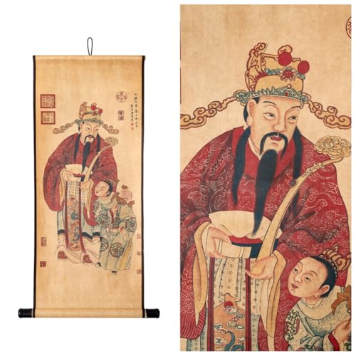 Feng Shui Wall Poster Prints Janpanese Style Painting,Fukurokuju Mythology Chinese Taoism Masterpieces Reproduction Fortune 33x17 Inch (Brown Red) Brown Red