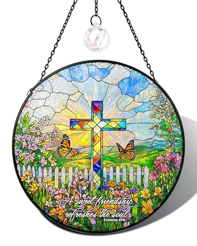 7.8" Christian Bible Verse Stained Glass Window Hanging Cross&garden 7.8 inch