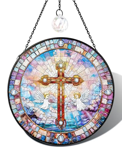 7.8" Christian Angel Cross Stained Glass Window Hanging Cross&angel 7.8 inch