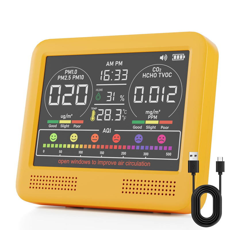 16-in-1 Indoor Air Quality Monitor with PM1.0,PM2.5,PM10,CO2,HCHO,TVOC,Temperature,Humidity,Time Display &7 AQI Alarms – Professional Air Quality Tester for Home, Office & Indoor Use (Bright Yellow) Bright Yellow