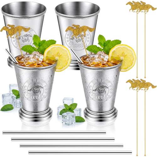 4 Pack 12 oz Derby Mint Julep Cups with Straws and Stirring Stick Stainless Steel Mint Julep Tumbler Silver Cocktail Glasses for Derby Horse Racing Party Supplies 4