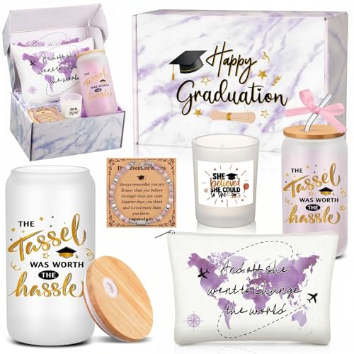 Potchen 7 Pcs Graduation Gifts for Girl Her Class of 2026 College High Graduation Gifts Box Set with 16oz Glass Cup Cosmetic Bag Bracelet Scented Candle with Box for Women Daughter Friend(Pink Purple) Pink Purple