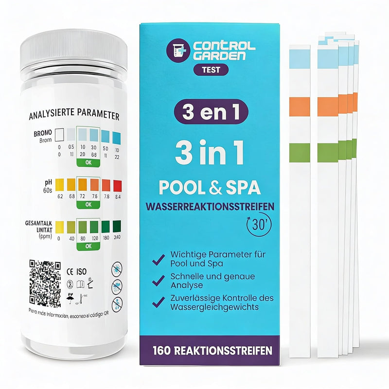 GARDEN Control 160 pH Test Strips, 3-in-1 Test, Pool and Spa Test, pH Meter, Prank and Alkalinity Test for Bath, Quick Analysis in 30 Seconds, Precise Control