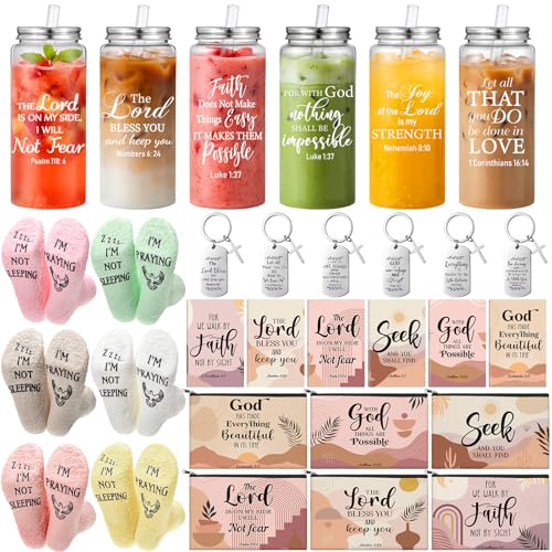 Mimorou 30 Pcs Bulk Christian Gifts for Women 13.5 oz Bible Verse Plastic Tumblers with Lids Straws Religious Socks Boho Cosmetic Bags Notepads Scripture Keychains Church Favors Christmas Faith Gifts