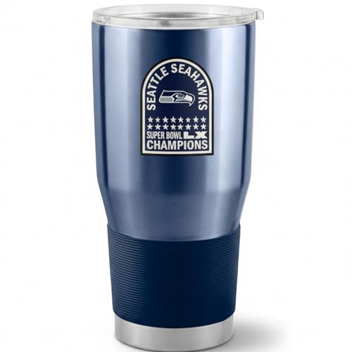 Logo Brands Seattle Seahawks Super Bowl LV Champions 30oz 18/8 Stainless Steel Tumbler – Vacuum Insulated Travel Cup with Handle & Straw – Keeps Drinks Cold 24h+