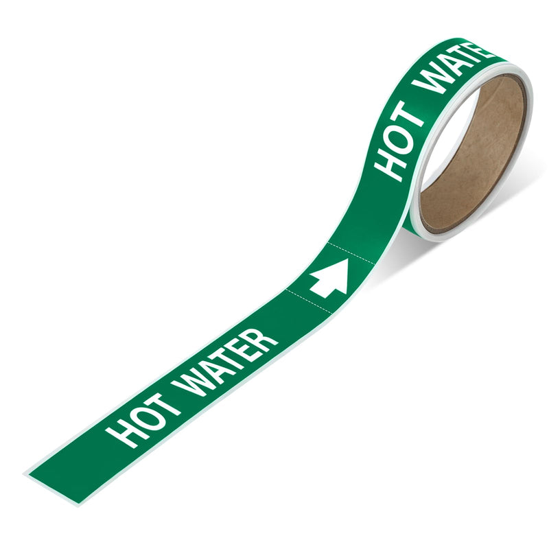 1 Roll Economy Pipe Markers - 1" Height x 8" Hot Water Pipe Labels, White On Green Pressure Sensitive Vinyl