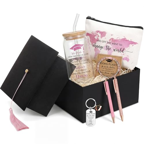 Vesici 8 Pcs Class of 2026 Graduation Gift Box Set for Women Her Grad Cap Box Glass Cup Makeup Bag Bracelet Pen Keychain College High School Graduation Gift for Daughter Sister Friend(Pink) Pink