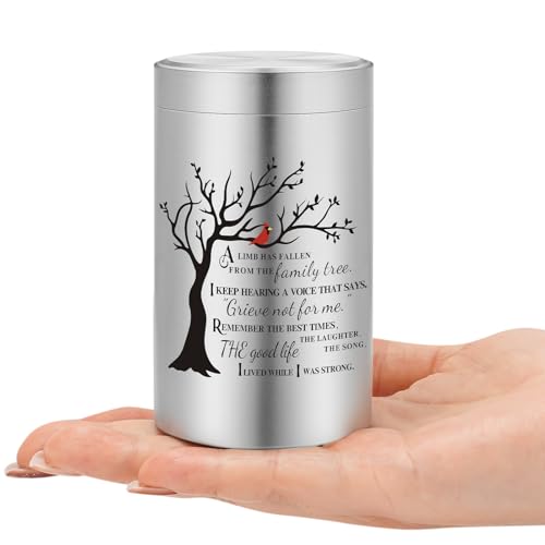 Small Keepsake Urn for Human Ashes, Mini Aluminum Memorial Urn with Tree of Life & Cardinal Design Decorative Cremation Keepsake Sympathy Gift for Memorial Silver