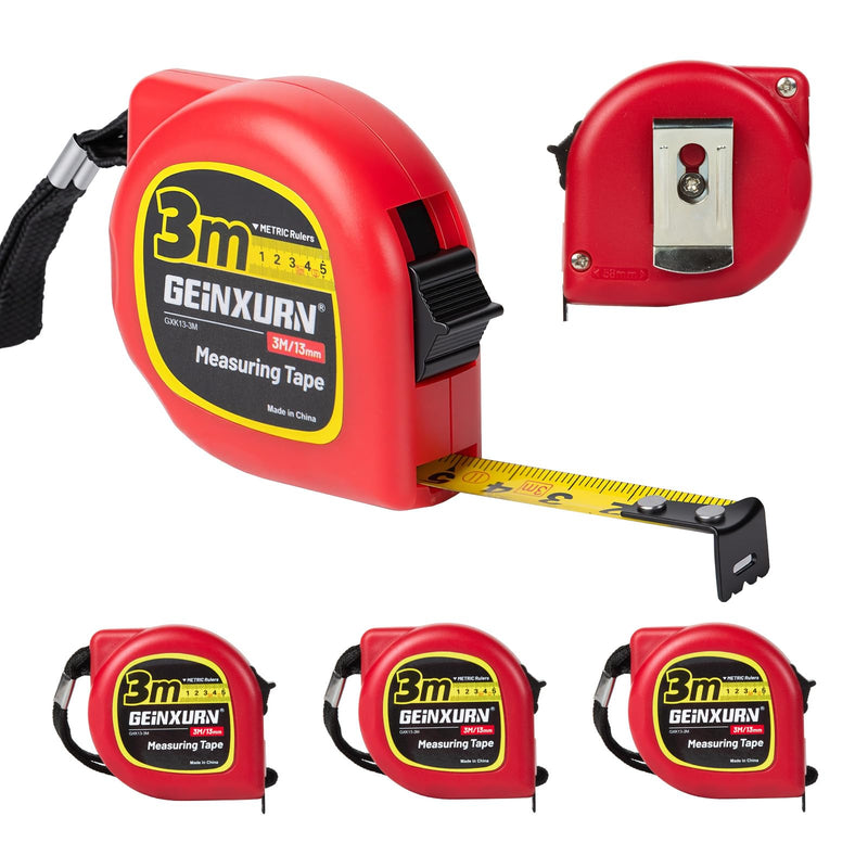 GEINXURN Set of 5 Tape Measure 3 m, ABS Plastic Housing, Steel Tape, Automatic Retraction & Lock, Robust Tape Measure with Belt Clip, Carrying Strap, Accuracy Class II for Private and Industrial 5 pieces