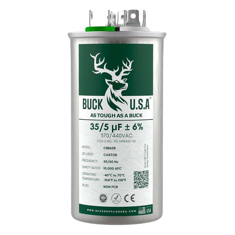 Buck 35+5uF 35/5 MFD ±6% CBB65B Dual Run Round Start Capacitor - Ideal for HVAC Systems, Air Conditioner Unit Fan Motor Start, Heat Pump, & Condenser Straight Cool Applications 370/440VAC 50/60Hz 35+5 µF 1.0