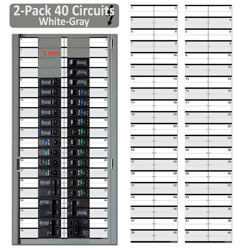 2 Pack 1" White/Gray Breaker Side 40 Circuits Vinyl Fuse Box Circuit Breaker Panel Directory Labels Stickers Decals for All Electrical Panel/Load Centers Waterproof 2 Pack