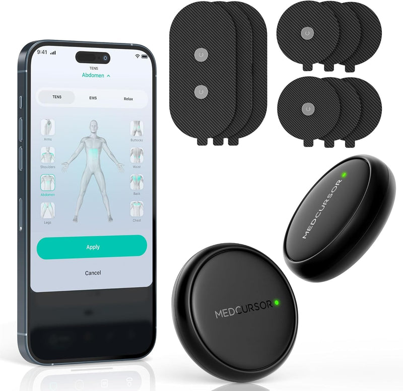 [Australia - AusPower] - Medcursor TENS Unit Muscle Stimulator - Wireless 3-in-1 Dual-Channel EMS Machine with App Control & Session Memory, 25 Intensity Levels, 8 Target Areas, Storage Pouch, Designed for Back Pain Relief Black 
