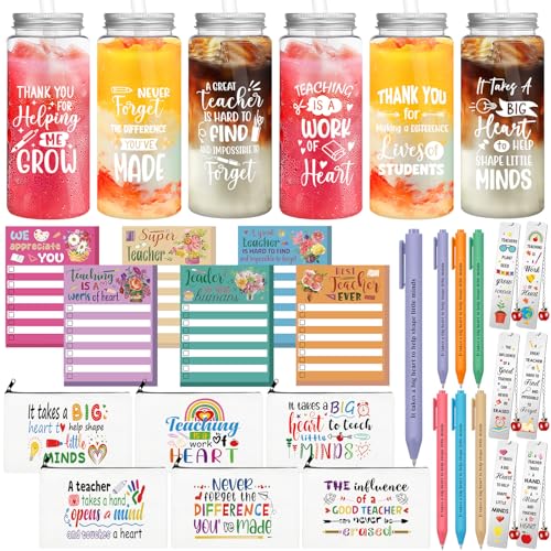 SiliFine 36 Pcs Teacher Appreciation Gift Set Back to School Best Teacher Gifts for Women 6 Set Thank You Tumbler with Lids Makeup Bags Ballpoints Sticky Notepads Bookmark Pendant Fresh