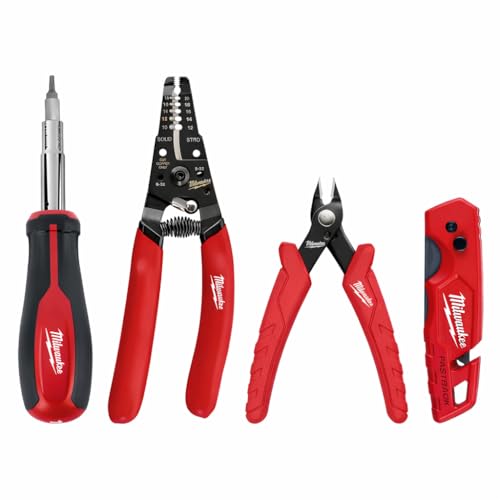 Milwaukee electrician's hand tool kit, 4-piece set with assorted hand tools visibly arranged together