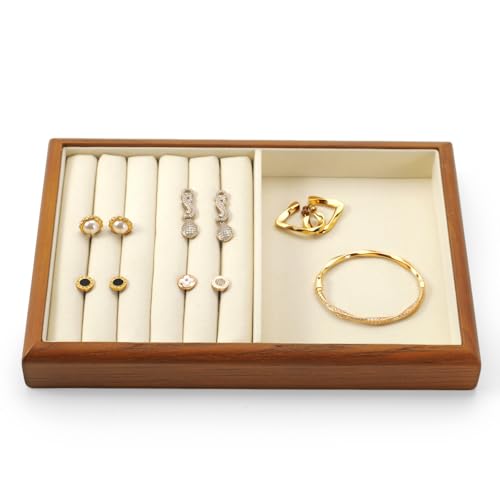 2-in-1 Wood Ring Tray, Open Compartment Drawer Jewelry Organizer 2 Grid