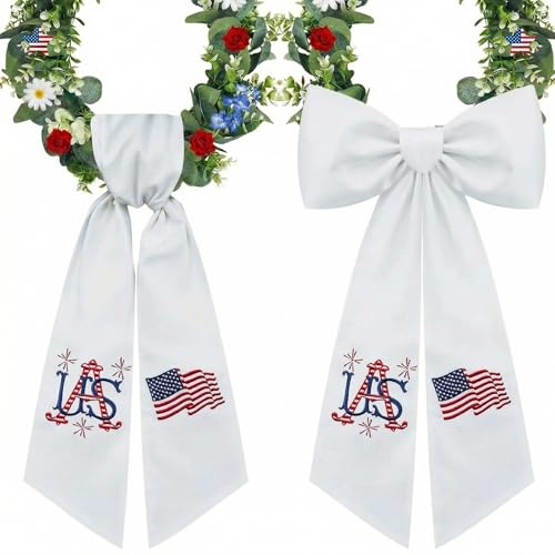Moukeren 2 Pcs 4th of July Wreath Sash for Front Door Patriotic Embroidered Monogram Wreath Sash Red Blue White Flag Garland Belt Decor for Independence Day Memorial Day Yard Porch Red White Blue
