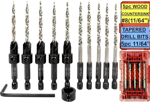 FTG USA 5-piece #8 countersink drill bit set with 5 countersinks and replacement bits