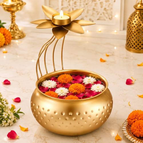 LemonRoad Diwali Urli Bowl with Lotus Tealight Candle Holder 10 Inch
