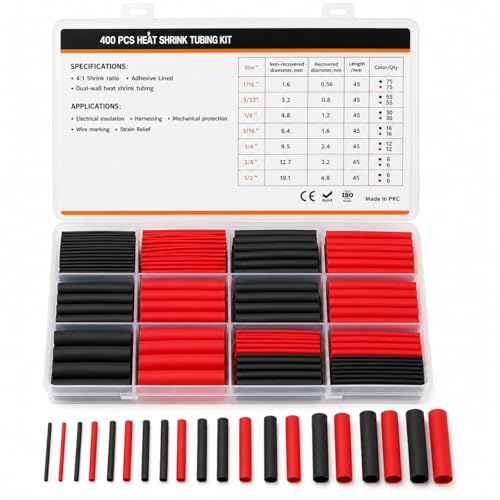 Pack of 400 Shrink Tubing, 4:1 Shrink Tube Set with Adhesive, IP68 Heat Shrink Tube, Waterproof, Shrink Tubing Red & Black for Cable Repairs, 7 Sizes