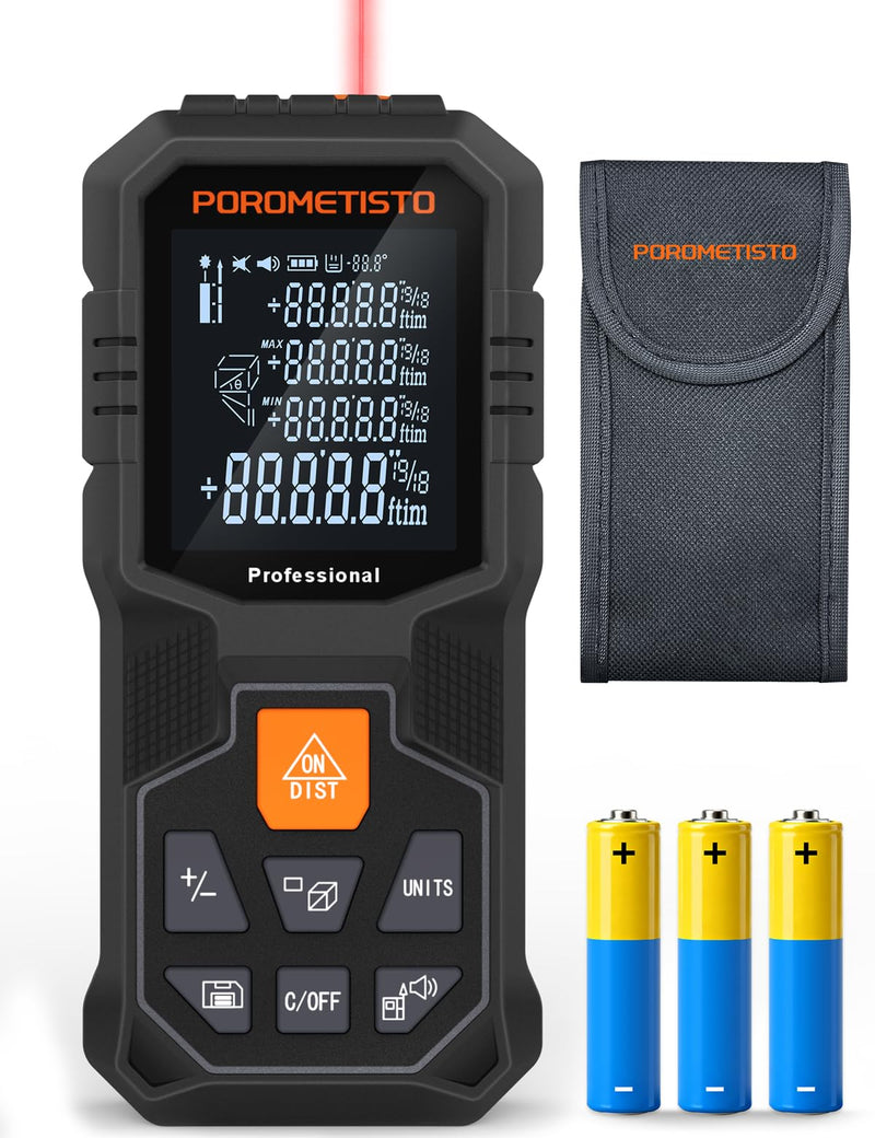 Laser Measure Tool (262ft/80m, ±2mm) with Tripod Mount and Angle Sensor | POROMETISTO 12 Modes（ Angle, Area, Volume, Pythagorean）Handheld Laser Distance meter for Home Construction 80M/262FT