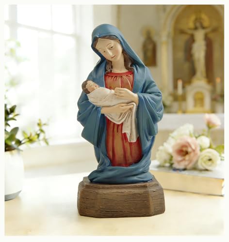 Virgin Mary Statue, Mother Mary Figurine, Catholic Religious Decor Deep Blue Virgin Mary Holding Baby Jesus Figurine