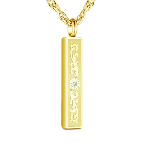 XIUDA Urn Necklace for Ashes with Crystal Bar Stainless Steel Cremation Jewelry for Ashes Memorial Urn Pendant for Women Men Gold