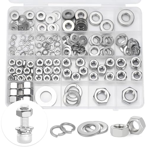 KunTensile SAE hex nuts, spring washers and flat washers assortment kit, steel gray, #8 to 1/2-inch, 228 pieces