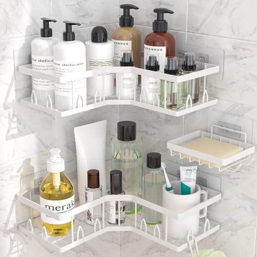 Shower Shelf Corner, Adhesive Shower Caddy Rustproof, Shower Shelves Corner with Soap Holder, No Drilling Shower Corner Organizer for Dorm, Renters Bathroom, White, 3 Pack
