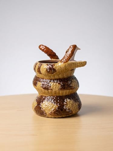 Ceramic Rattlesnake Mug, Novelty Snake Design Coffee Cup with Coiled Body and Tail Handle, Brown and Tan Glazed Finish