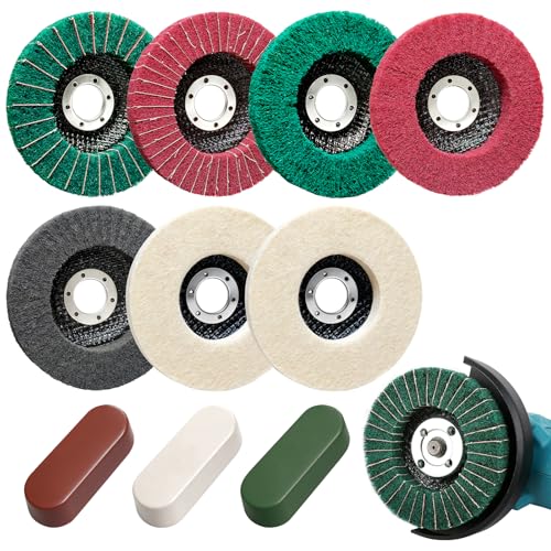 BURMONG 10 Pieces 115 mm Sanding Disc & Polishing Disc Set - 5 Nylon Fibre Flap Discs & 2 Wool Polishing Discs & 3 Polishing Pastes for Angle Grinder, Scouring Disc for Metal (22 mm Mount) | 5 Nylonfaser Fächerscheiben & 2 Woll Polierscheiben & 3 Polie...
