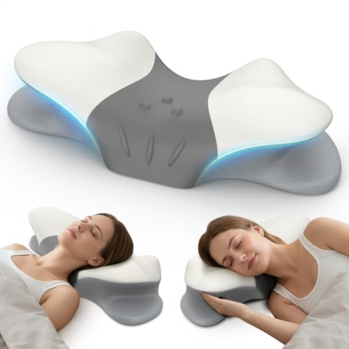 Cervical Neck Pillow for Pain Relief, Ergonomic Side Sleeper Pillow for Sleeping, Orthopedic Neck Support Contour Memory Foam Pillow for Side Back Stomach Sleepers, Ideal for Office Travel Grey&white