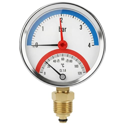 Lumonic Thermomanometer 4 bar 0-120 °C | 1/4 + 1/2 inch (adapter) | connection bottom | diameter 80 mm, large scale | heating pressure gauge | metal housing 80 mm, bottom 0-4bar