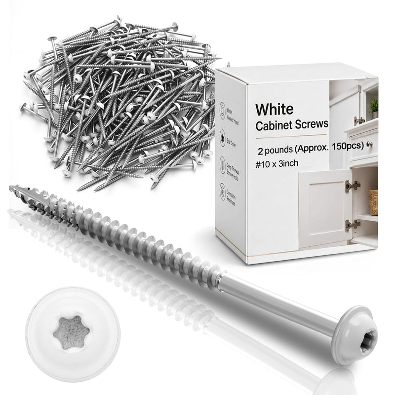 Frienda 2 Pound White Cabinet Screws Bulk #10x3'' Self Tapping Wood Screws Heavy Duty Star Drive Head Deck Lag Fasteners for Wall Cabinet Furniture Siding Trim Plates Construction Approx. 150pcs Silver #10x3 Inch