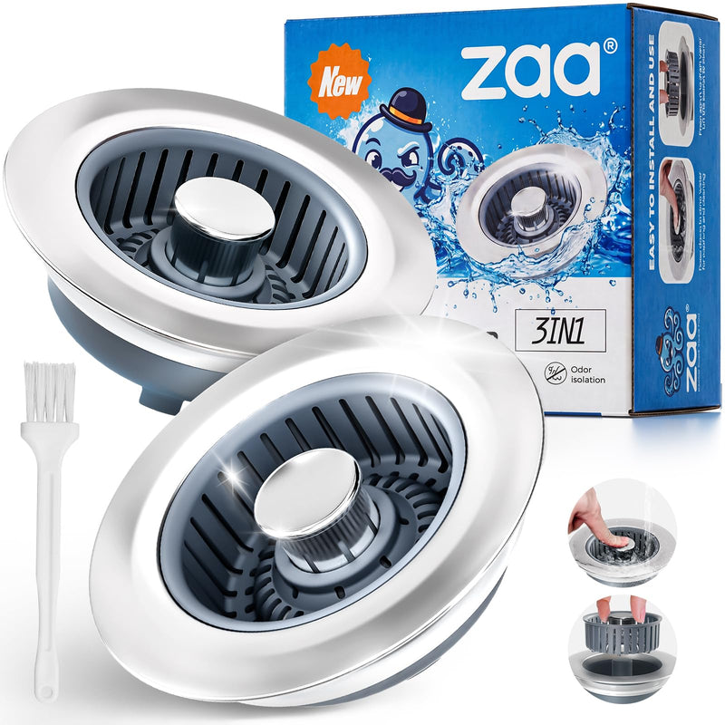 Upgraded 3 in 1 Kitchen Sink Drain Strainer & Sink Stopper, Stainless Steel Kitchen Drain Plug & Sink Installation Parts with Anti-Clogging Basket, Fit US Standard 3-1/2'' Sink Drain Hole Brushed Silver