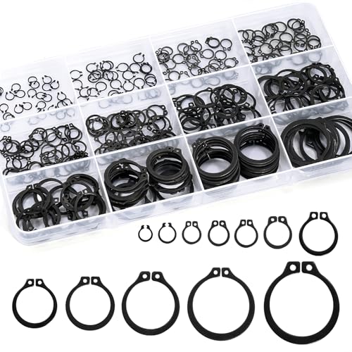 LUEEN external shaft retaining ring assortment kit with black carbon steel circlips and storage case