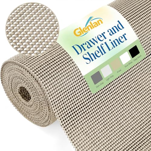 Drawer and Shelf Liner, Non-Adhesive Cabinet Liners for Kitchen Cupboard, Bathroom Drawers, Breathable Thick Mat, Easy Trim & Easy Clean, 17.5" x 20', Beige 17.5"W x 240"L