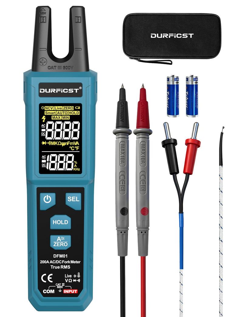 DURFICST Current Clamp TRMS 4000 Counts, Current Meter with 200 A AC/DC & 600 V | Digital clamp ammeter with NCV, capacity measurement, continuity test, temperature measurement