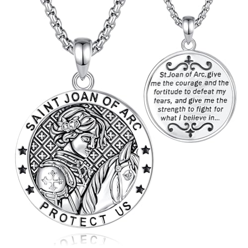 INFUSEU St Joan of Arc Necklace Saint Christian Warriors Jewelry for Women Prayer Medal Silver Courage Medallion Horse Lover Gifts Equestrian Pendant Religious Faith Protection Inspirational