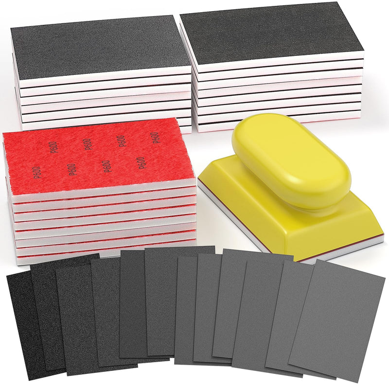 BURMONG 25 Piece Sanding Sponge Set with Hand Sanding Block, Grit 80-3000, Wet and Dry Sanding, Reusable for Wood, Furniture, Metal, Paint and Drywall (Grit 80-3000)