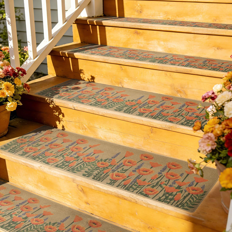 Outdoor Stair Treads Non-Slip, 8” x 30” - 10-Pack Weather Resistant Grip Tape for Wooden Steps, Waterproof & Anti Skid Strips, 80-Grit Adhesive Step Treads, Orange Floral Beige/Orange 8" x 30"