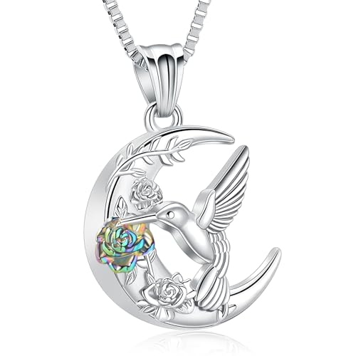 XSMZB Hummingbird Urn Necklace for Ashes of Loved One Rose Flower Moon Cremation Jewelry Ashes Holder Keepsake Pendant for Women Men Silver-Colorful