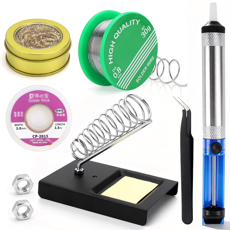Erzekrim Soldering Tool Set Solder Desoldering Pump Desoldering Wick Soldering Tip Cleaner | Soldering Iron Stand with Sponge, Curved Tweezers, Soldering Accessories for Repair, Electric Soldering, Home (Set of 6) Pack of 6