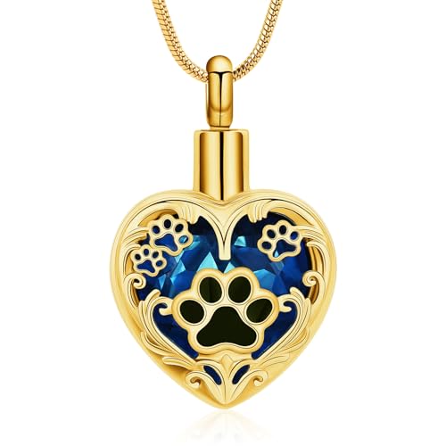 Heart Urn Necklace For Ashes Birthstone Pet Memorial Jewelry Dog Paw Print Cremation Pendant Stainless Steel Keepsake Gift For Pet Lovers Gold blue