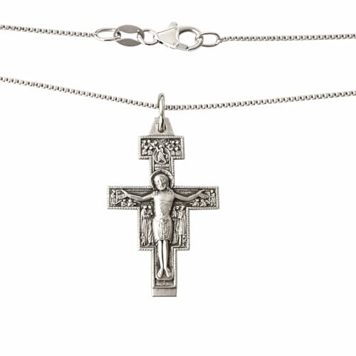 I G J Catholic Saint Damiano Cross Necklace – Silver Plated Brass Pendant with 20.5" Chain, St Francis Crucifix, Religious Gift Jewelry