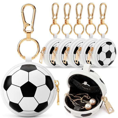 Weysat 6 Pack Soccer Jewelry Holder Keychain - Portable Ring Keeper Case, Small Travel Ring Box with Zipper, Earring Stud Necklace Storage Case for Men Women