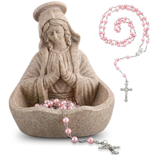 Booson Virgin Mary Statue Catholic Gifts for Women Our Lady of Grace Statue Keepsake Rosary Holder with Pink Rosary Beads 5.5" Blessed Mother Statues Resin Relic Religious Home Decor (Sandstone) Sandstone